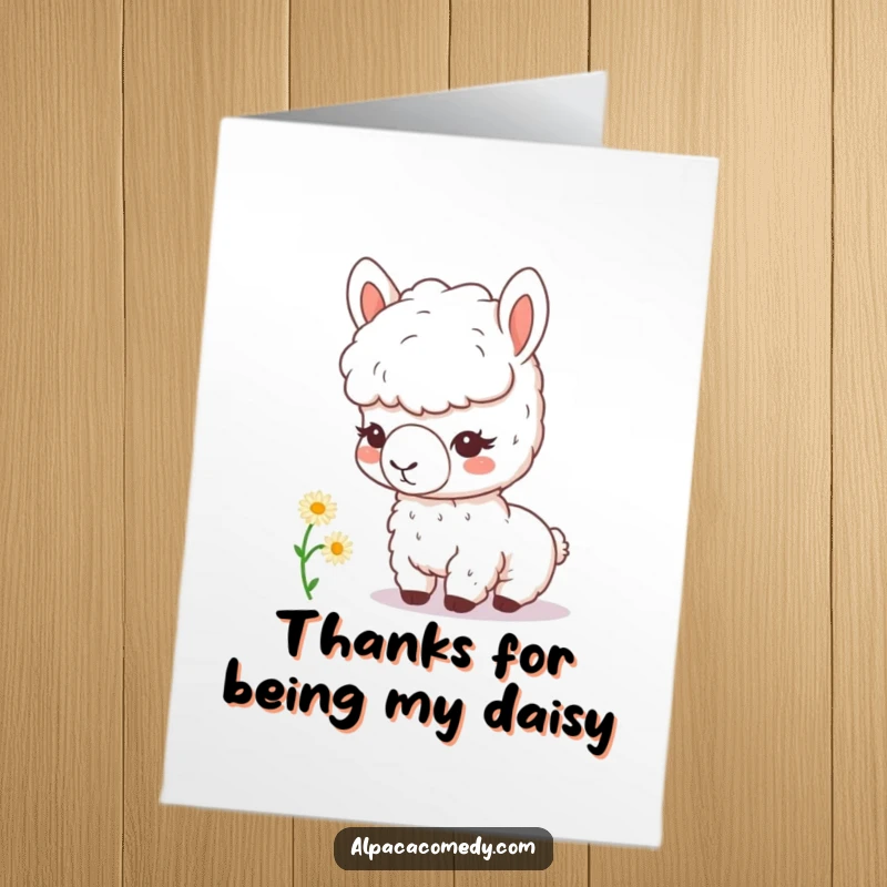 Funny Free Printable Thank You Card with a kawaii alpaca examining a small daisy, a sweet gesture.