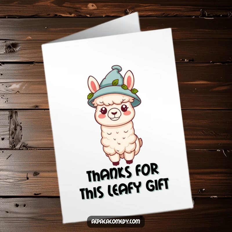 Funny Free Printable Thank You Card of a kawaii alpaca wearing a darling tiny hat with festive leaves.