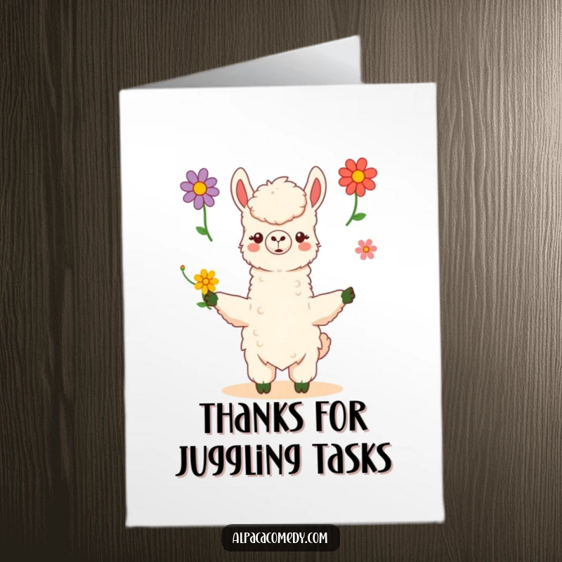 Funny Free Printable Thank You Card with a kawaii alpaca juggling vibrant flowers, a delightful expression.