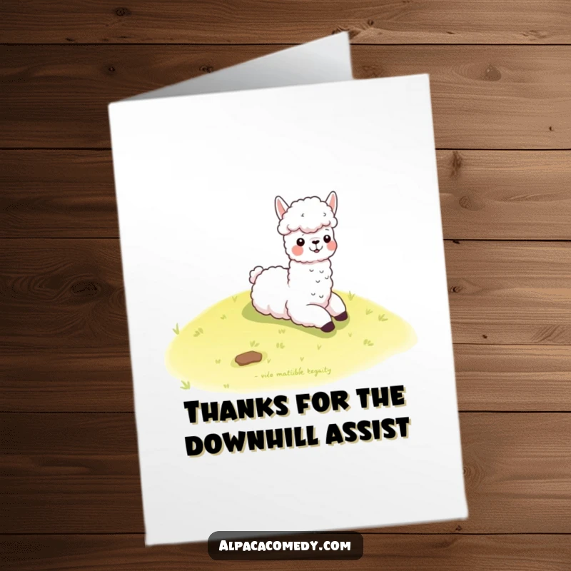 Funny Free Printable Thank You Card of a kawaii alpaca enjoying a slide down a grassy hill, full of fun.