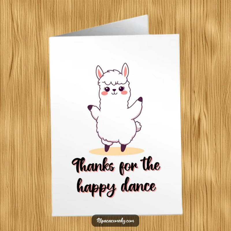 Funny Free Printable Thank You Card featuring a kawaii alpaca doing a cute and silly swaying dance.