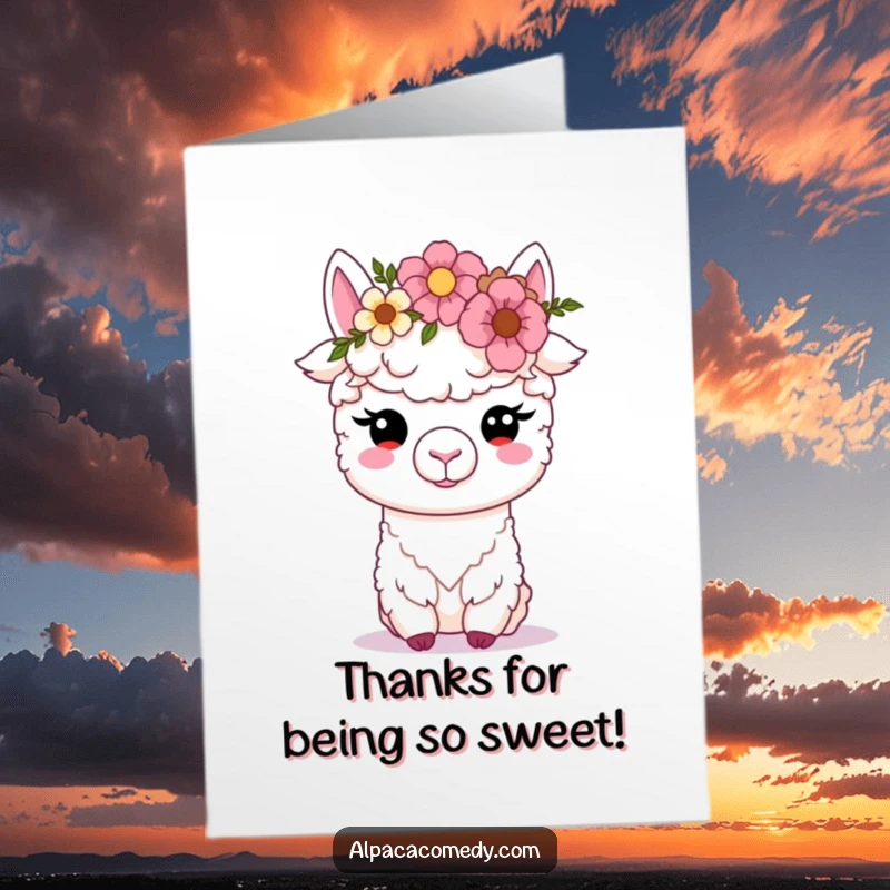 Free Printable Thank You Card: Kawaii alpaca with soft, gentle eyes, wearing a pretty flower crown, conveying thanks.