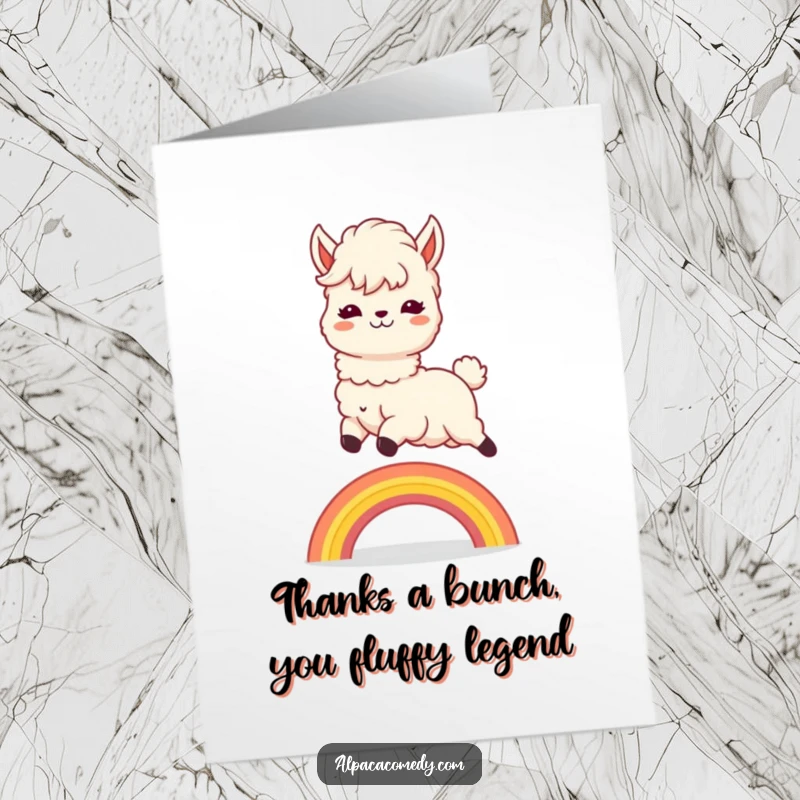 Funny Free Printable Thank You Card: Kawaii alpaca leaping over a rainbow with a joyful expression.