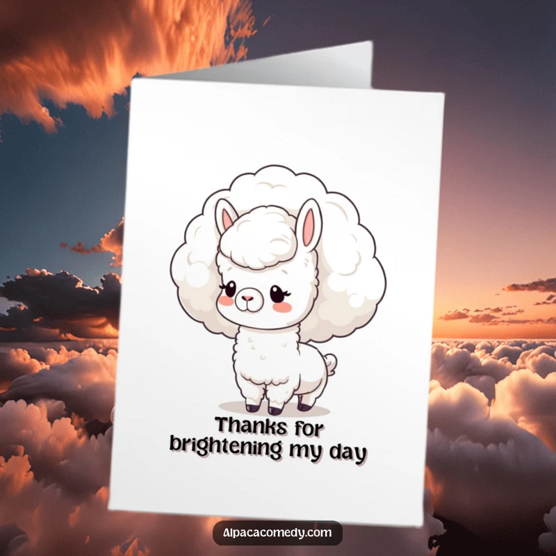 Funny Free Printable Thank You Card: Kawaii alpaca nuzzling a soft, giant cloud, serene gaze.