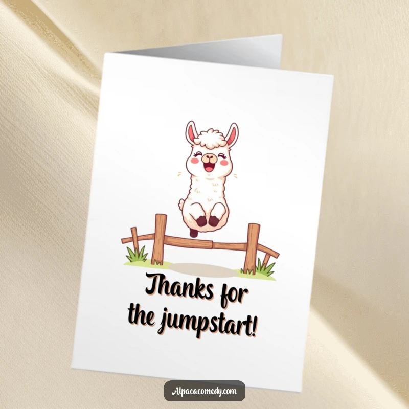 Funny Free Printable Thank You Card: An alpaca leaping over a fence with a cheerful bleat, conveying enthusiastic thanks.