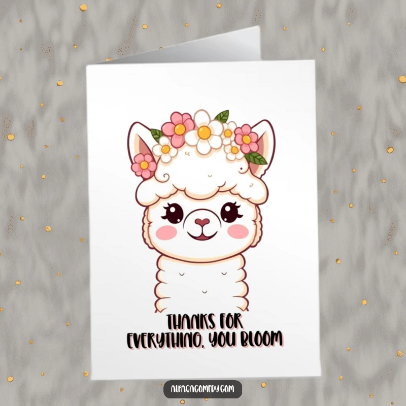 Funny Free Printable Thank You Card: Kawaii alpaca gracefully balancing a flower crown, gentle expression.
