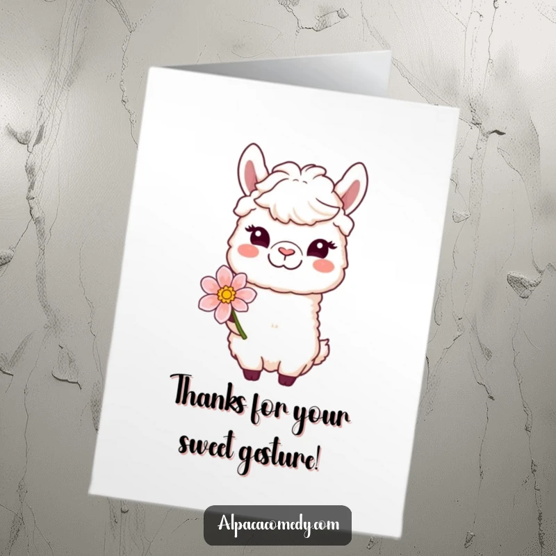 Funny Free Printable Thank You Card: A winking alpaca with a gentle smile offers a flower, symbolizing sincere appreciation.