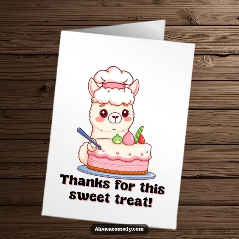 Funny Free Printable Chef Alpaca Thank You Card: Cheerful alpaca chef with a cake, delivering thanks with a humorous culinary flair, print at home.