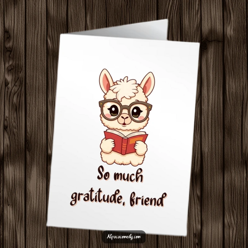 Funny Free Printable Thank You Card: a surprised alpaca wearing large spectacles, absorbed in a book, thanking you.