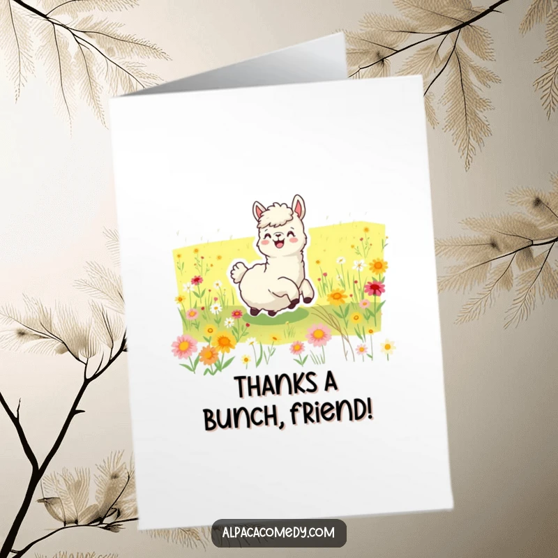 Funny Free Printable Thank You Card: An overjoyed alpaca rolling in a field of flowers, expressing pure gratitude. A unique design.