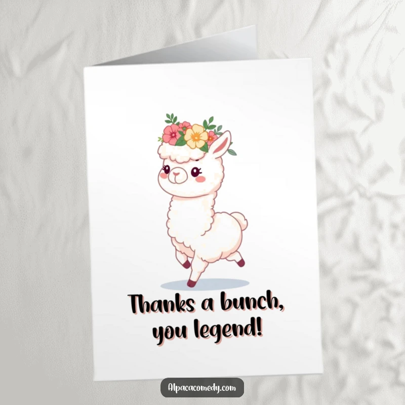 Funny Free Printable Alpaca Thank You Card: Fluffy alpaca in flower crown prancing, expressing gratitude, a downloadable gift.