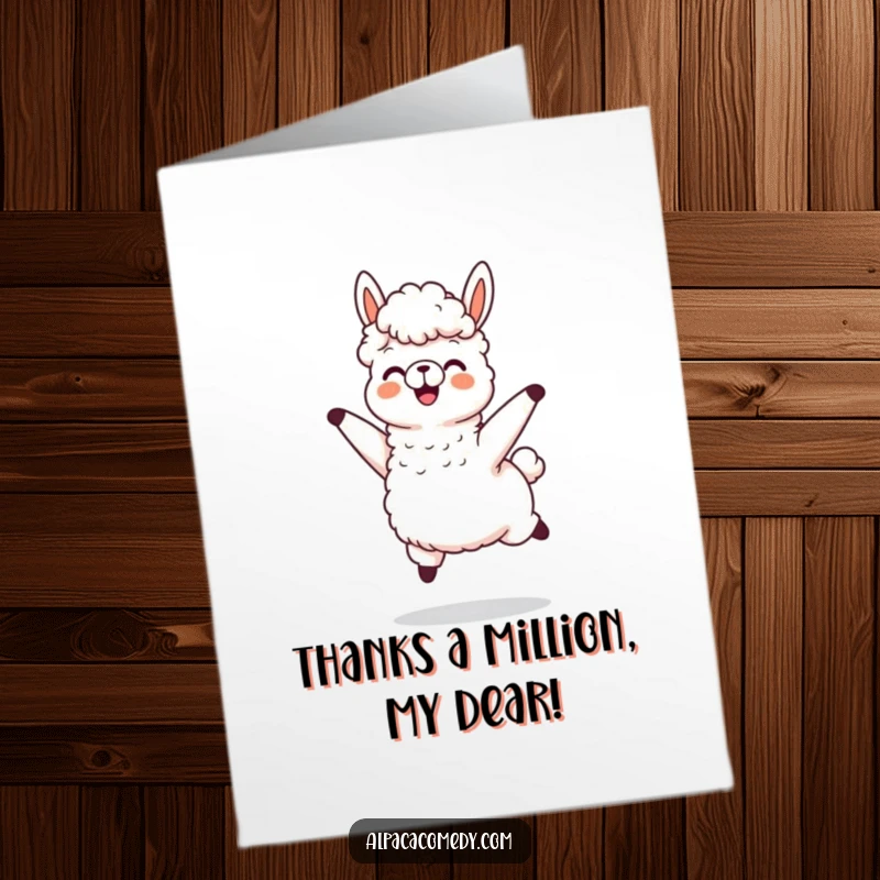 Funny Free Printable Alpaca Thank You Card: Alpaca character jumping with joy and wool flying, expressing thanks enthusiastically, a downloadable gift.