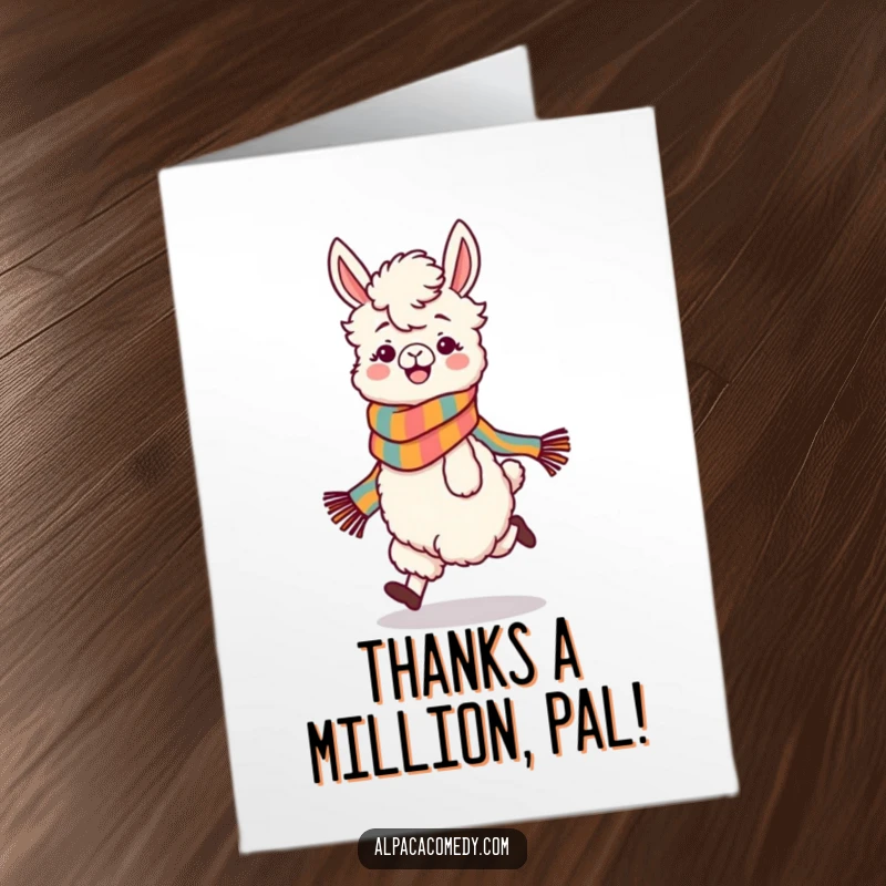 Funny Free Printable Thank You Card: A playful alpaca in a scarf skipping with glee, conveying warm thanks and appreciation.