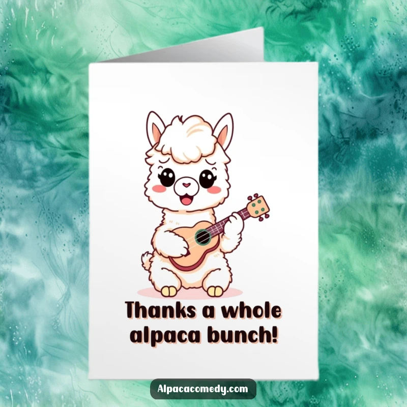 Funny Free Printable Thank You Card: a cheerful alpaca playing a tiny ukulele, expressing heartfelt thanks with music.