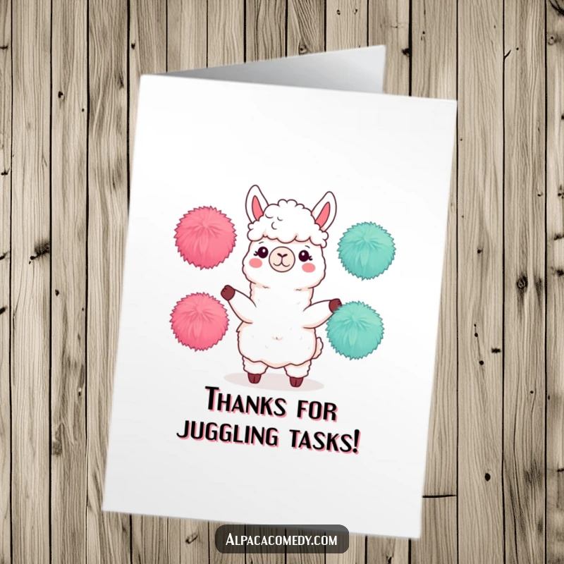 Funny Free Printable Thank You Card: Focused alpaca juggling fluffy pom-poms skillfully, a unique and humorous way to say thank you, downloadable art.