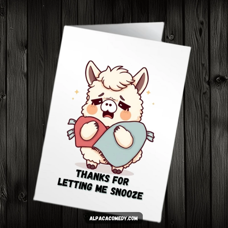Funny Free Printable Thank You Card: A tired alpaca yawning deeply while bundled in a cozy blanket. A unique expression of thanks.