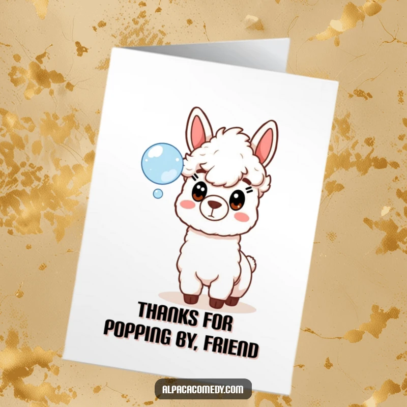 Funny Free Printable Thank You Card: A surprised alpaca character gazes at a delicate soap bubble, perfect for expressing thanks.