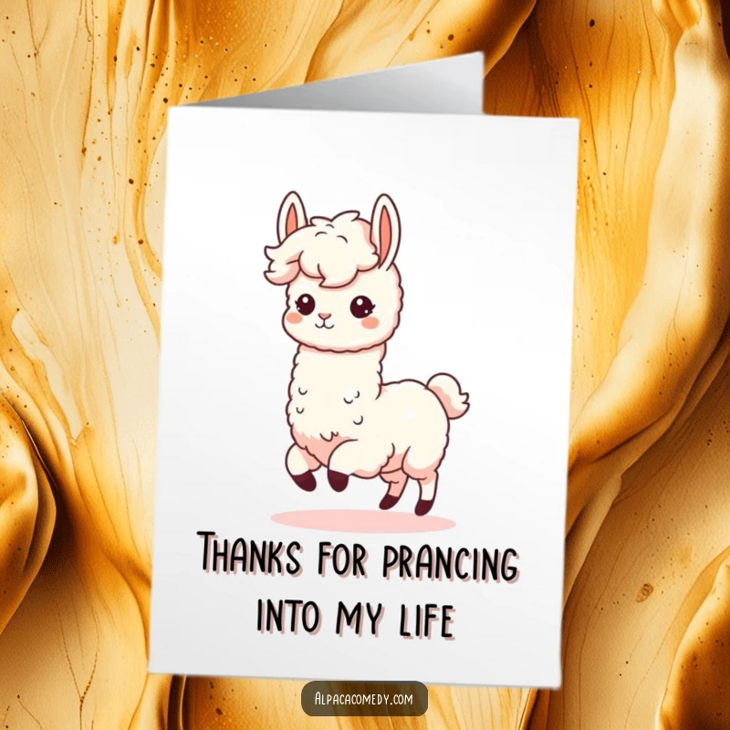 Funny Free Printable Thank You Card: Adorable kawaii alpaca prancing happily, perfect for expressing gratitude, downloadable.