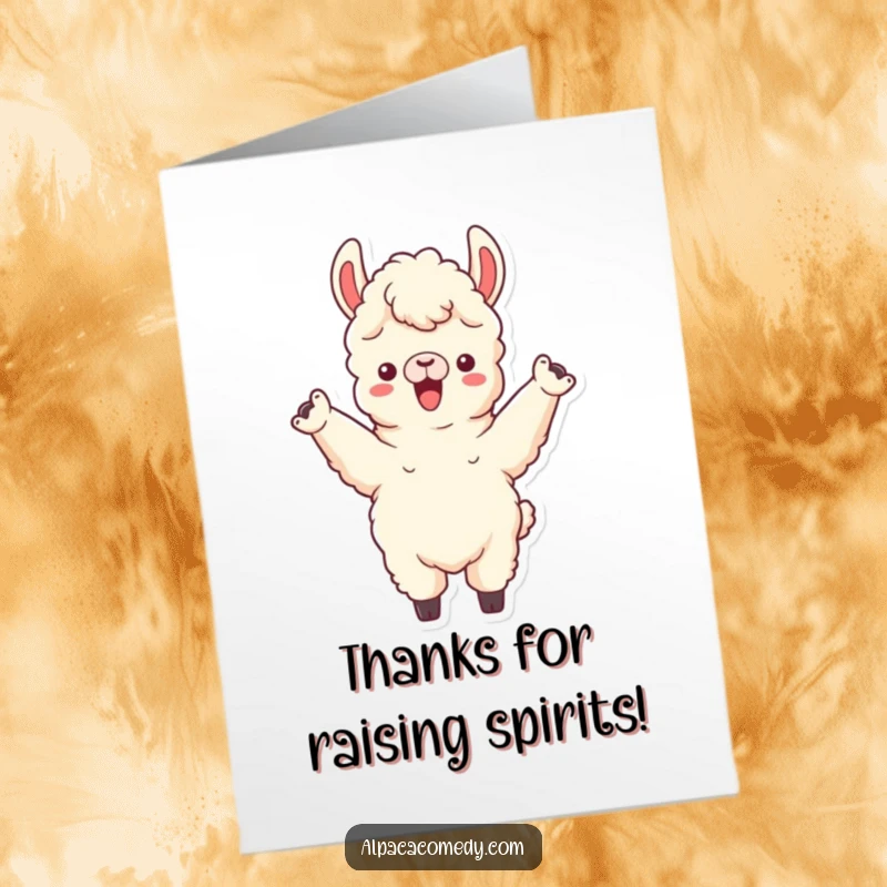 Funny Free Printable Thank You Card: Happy alpaca raising front legs in a cheerful cheer, expressing gratitude with infectious energy, downloadable art.