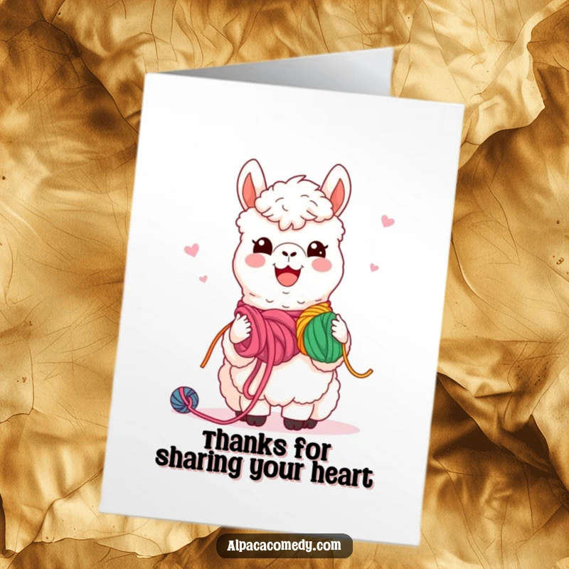 Funny Free Printable Thank You Card: Kawaii alpaca sharing vibrant yarn with friends, friendly smile.