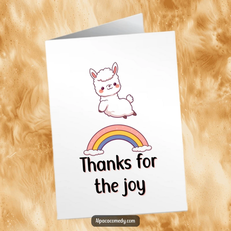 Funny Free Printable Thank You Card: Kawaii alpaca joyfully jumping over a rainbow, expressing thanks with downloadable art.