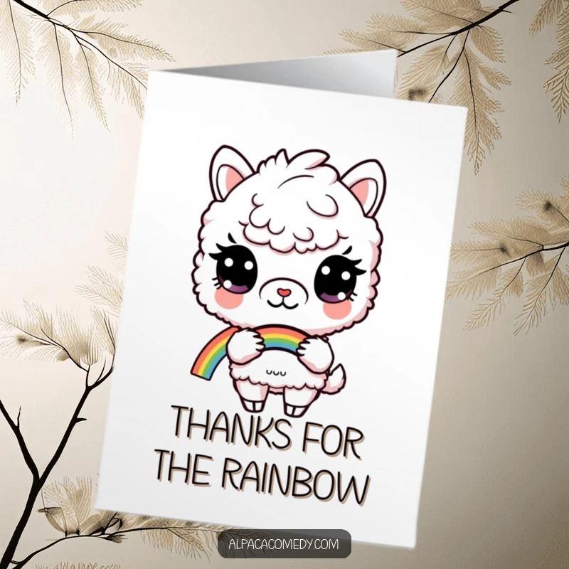 Free Printable Thank You Card: An alpaca with curious eyes holding a beautiful rainbow, offering thanks with a touch of magic.