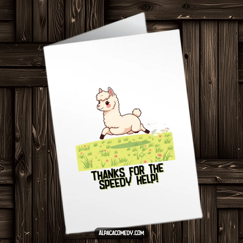 Funny Free Printable Thank You Card: An energetic alpaca galloping with impressive speed across a vast grassy field. A design full of motion.
