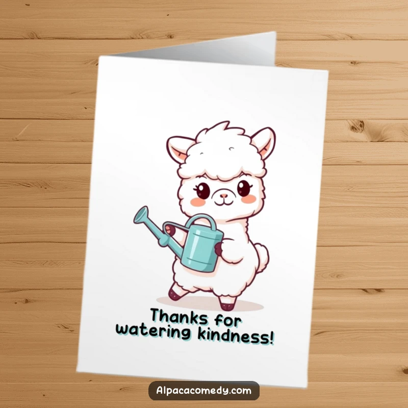 Funny Free Printable Thank You Card: Smiling alpaca carrying a tiny watering can, offering a nurturing thank you, a humorous and caring design, downloadable art.