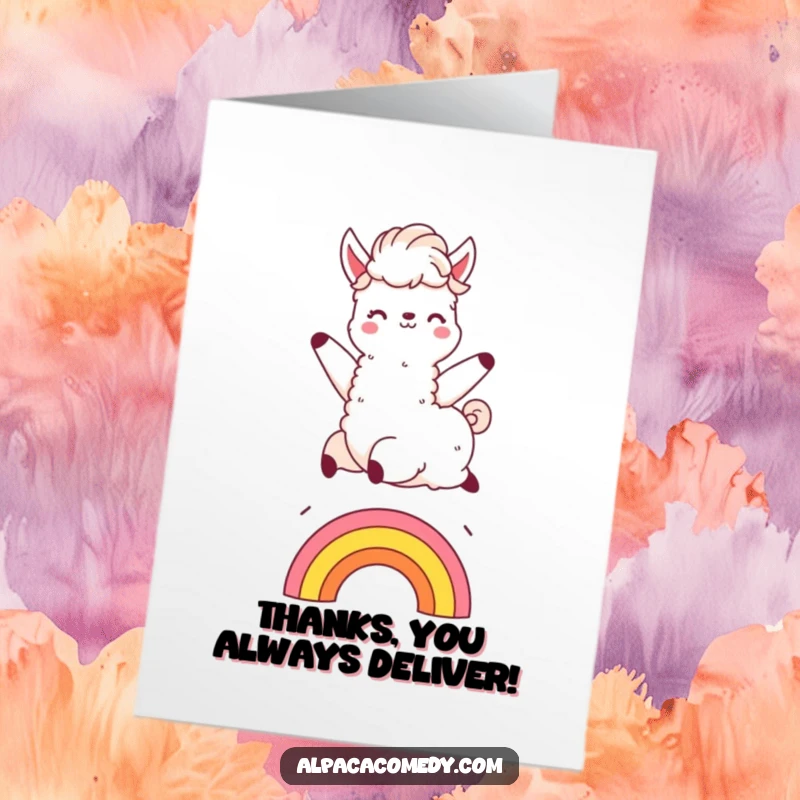Funny Free Printable Thank You Card: Kawaii alpaca soaring over a rainbow with a fluffy mane, expressing thanks.