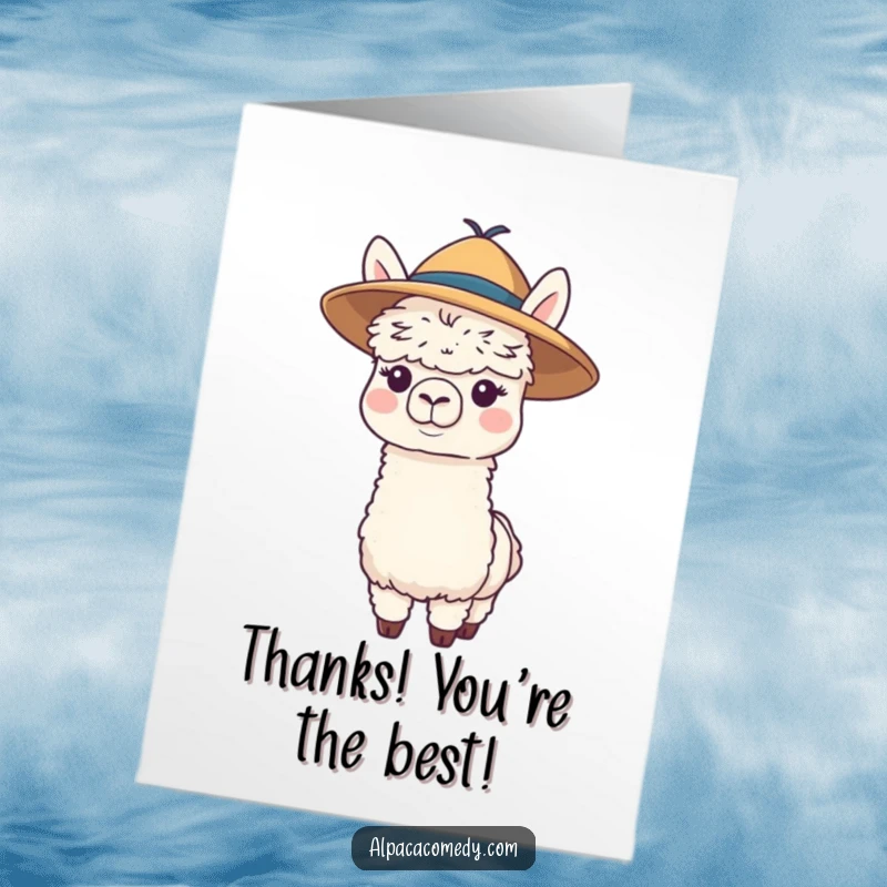 Funny Free Printable Thank You Card: A playful alpaca wearing a floppy hat, wiggling its nose while saying thank you.