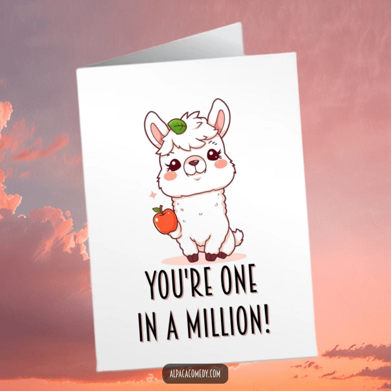 Funny Free Printable Thank You Card: a happy alpaca with a kind expression offering a tiny, ripe apple as thanks.