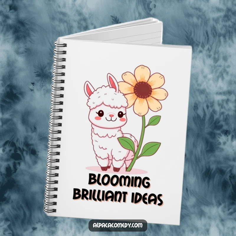 Funny Kawaii Alpaca Notebook, with a happy alpaca playfully posing next to a large blooming flower, smiling.