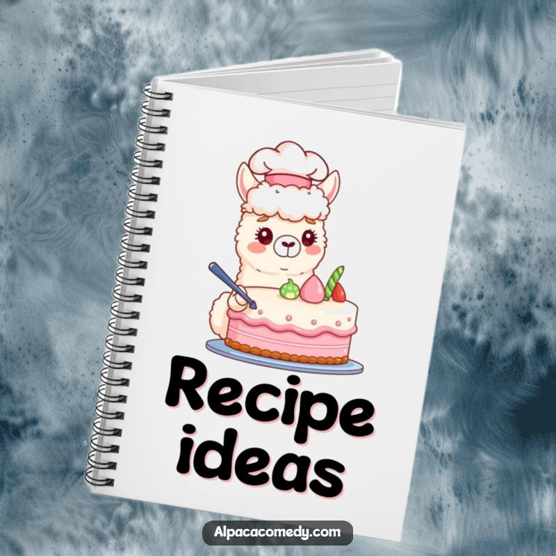 Funny notebook cover showcasing a cute alpaca in a chef hat, decorating a pastel cake, ready to hold recipe notes.