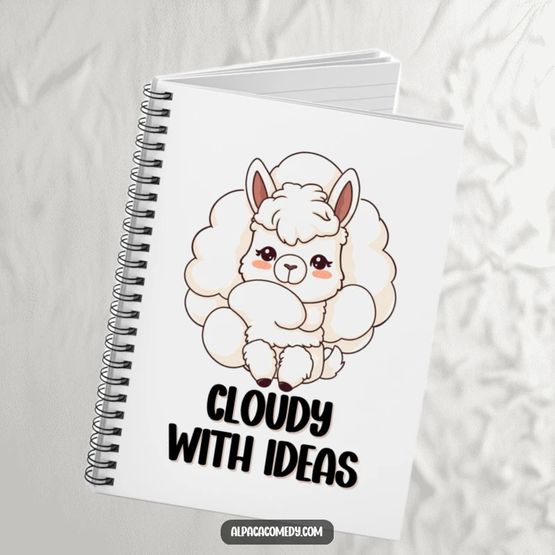Funny Kawaii alpaca notebook, curiously nuzzling a giant fluffy cloud, gentle expression encouraging creative thoughts and peaceful reflections.