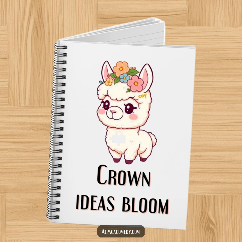 Funny notebook featuring a playful alpaca wearing a flower crown, ideal for journaling, notes, and floral-themed humor.
