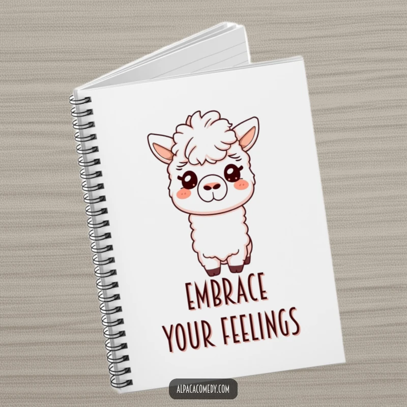 Funny notebook with a cover depicting a friendly alpaca giving a gentle nuzzle with its snout, perfect for writing kind thoughts and notes.
