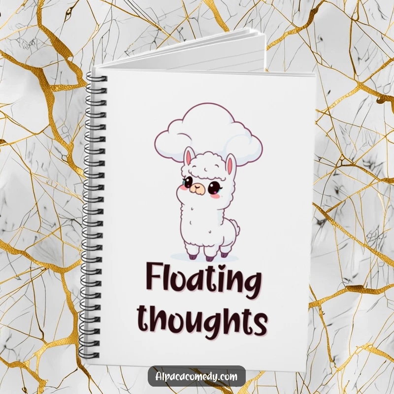 Funny notebook cover showcasing a curious alpaca character looking at a fluffy cloud, perfect for jotting down ideas.