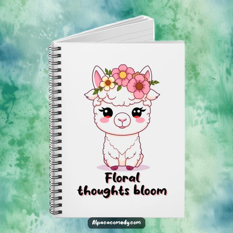 Funny Kawaii alpaca notebook, wearing a flower crown with soft eyes, designed for capturing thoughts and inspirations with a touch of grace.