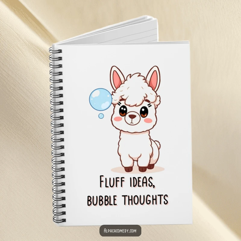 Funny notebook cover displaying a surprised alpaca gazing in wonder at a delicate, shimmering soap bubble, perfect for jotting notes.