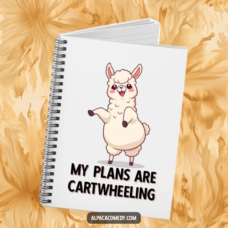 Funny Alpaca Notebook: A cheerful alpaca doing a cartwheel with legs kicking joyfully upwards, perfect for jotting down funny ideas.