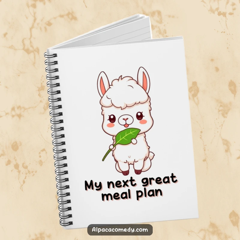 Funny Alpaca Notebook: An alpaca character happily munching on a leaf, embodying a funny, peaceful vibe.