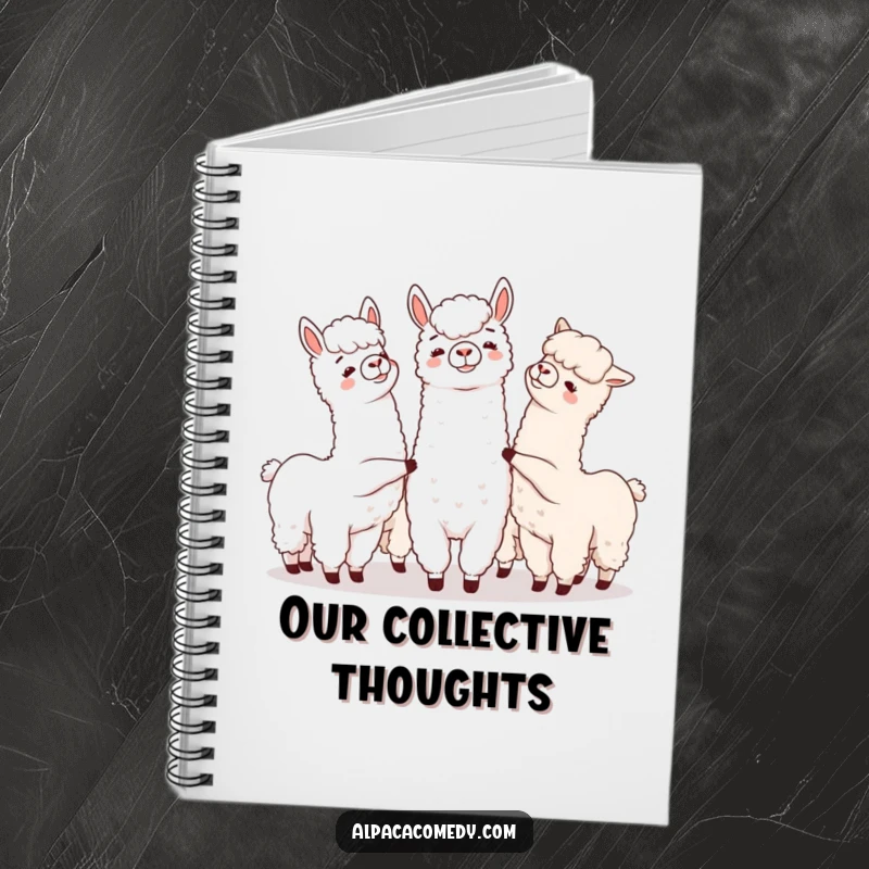 Funny notebook cover with a group of alpacas playfully nudging each other, perfect for journaling and creative planning.