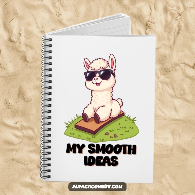 Funny notebook cover with a cool alpaca wearing sunglasses, hilariously sliding down a grassy hill, perfect for jotting down ideas.