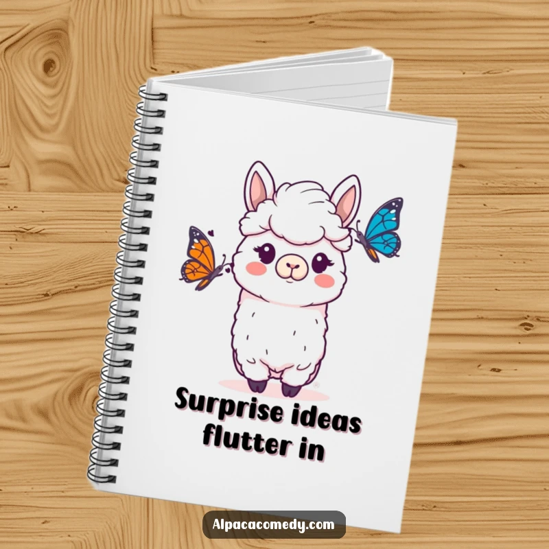 Funny Alpaca Notebook: An alpaca character with a funny, surprised expression as a butterfly flutters nearby.