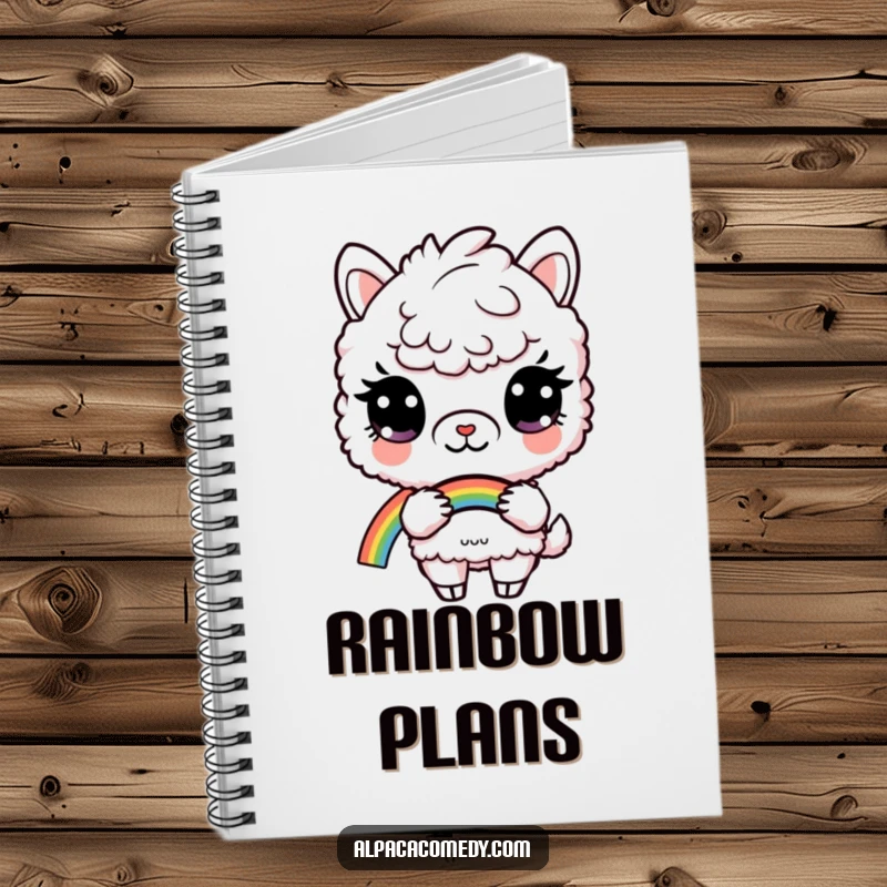 Funny notebook featuring a curious alpaca holding a rainbow, ideal for journaling, sketching, and capturing magical ideas.