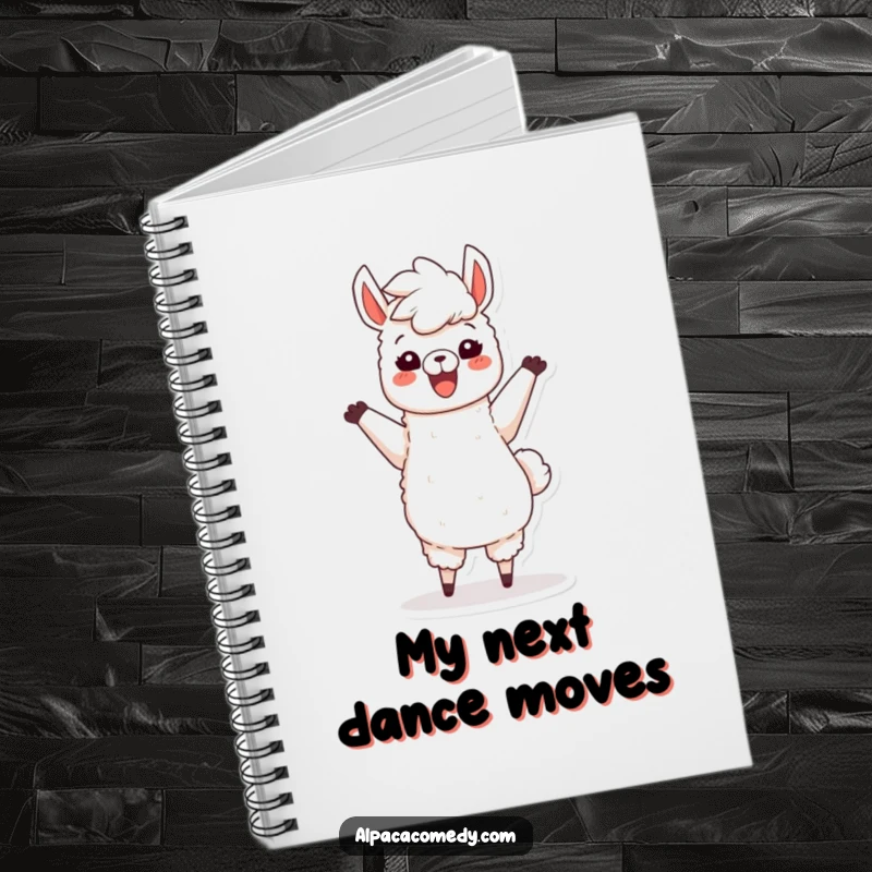 Funny notebook cover art of a happy alpaca character joyfully dancing with its fluffy mane soaring, ready to capture your notes.