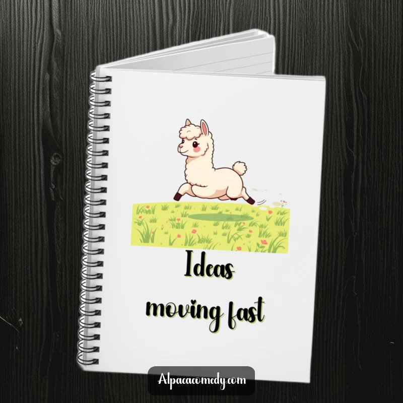 Funny notebook with a cover depicting an energetic alpaca galloping at high speed, ready to capture your fastest thoughts and ideas.
