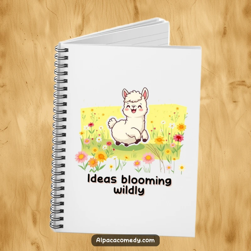 Funny notebook with a cover depicting a joyful alpaca rolling in a field of colorful wildflowers, ready to capture your thoughts.