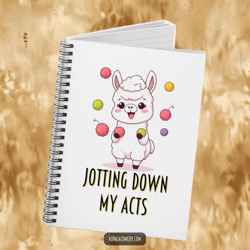 Funny notebook cover art of a giggling alpaca character juggling colorful pompoms with its hooves, ready for your notes.