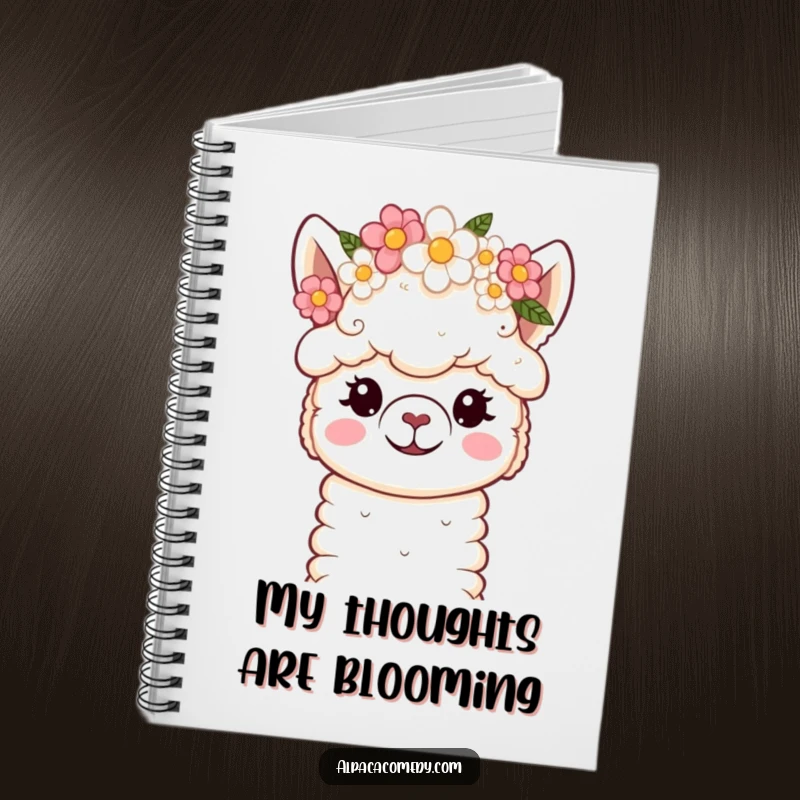 Funny Notebook: Cute kawaii alpaca with soft eyes, wearing a flower crown, ready to capture your sweetest thoughts and ideas.